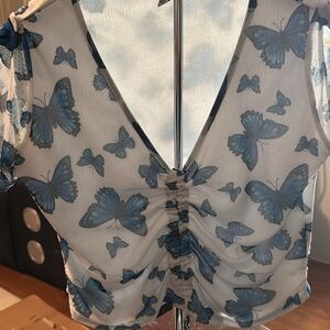 Blue Ruched Short Sleeve Blouse